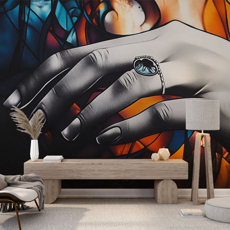 Art Deco hand mural wallpaper with stained glass elements creating drama in a modern living room with high ceilings