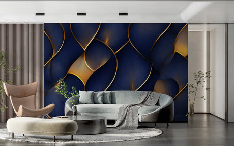 Art deco navy and gold abstract wallpaper in modern living room with grey sofa and brass lighting