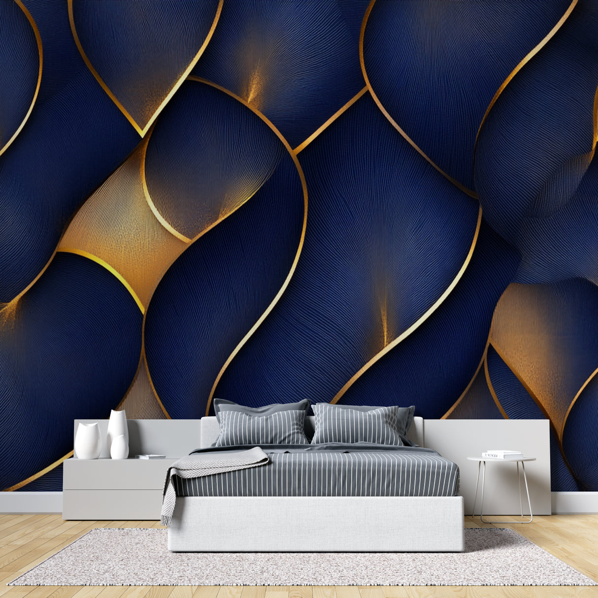 Abstract navy and gold wall mural in home office with mid-century modern furniture