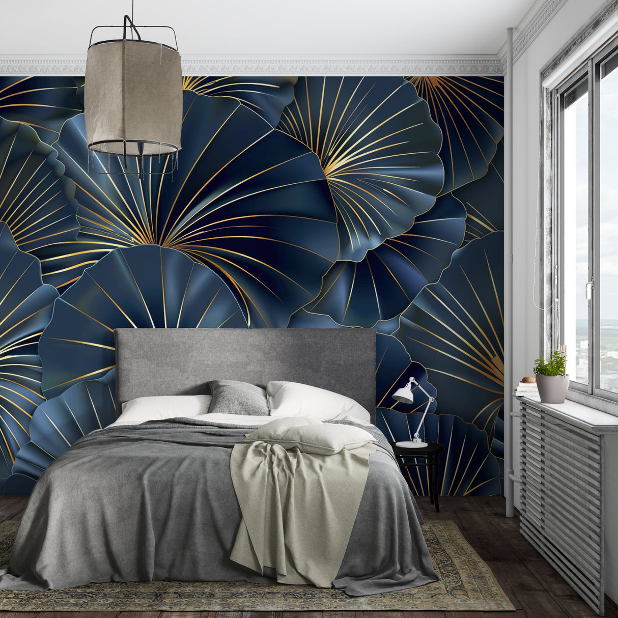 Art deco fan pattern wallpaper in navy and gold making a stunning statement in a modern living room