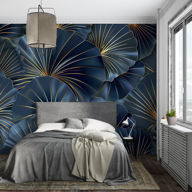 Art deco fan pattern wallpaper in navy and gold making a stunning statement in a modern living room
