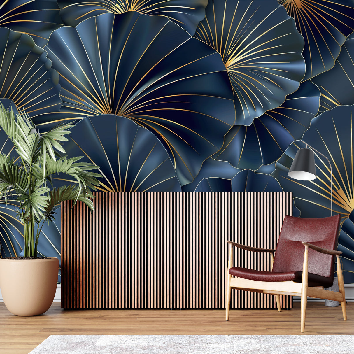 Navy and gold geometric wallpaper creating drama in an elegant dining room