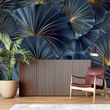 Navy and gold geometric wallpaper creating drama in an elegant dining room
