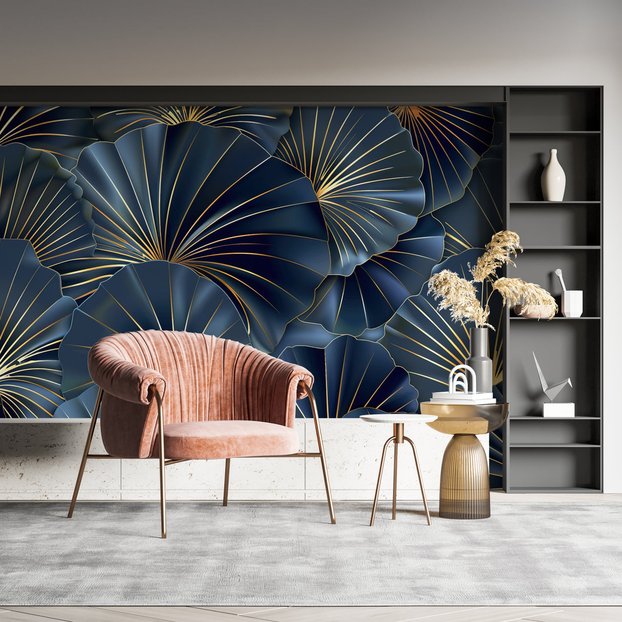 Art deco fan wallpaper transforming a master bedroom with rich navy and gold tones