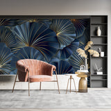 Art deco fan wallpaper transforming a master bedroom with rich navy and gold tones