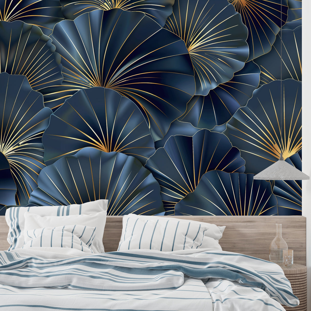 Gold geometric pattern on navy background adding luxury to a home office
