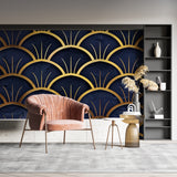 Art Deco wallpaper with gold fan design in luxury master bedroom setting