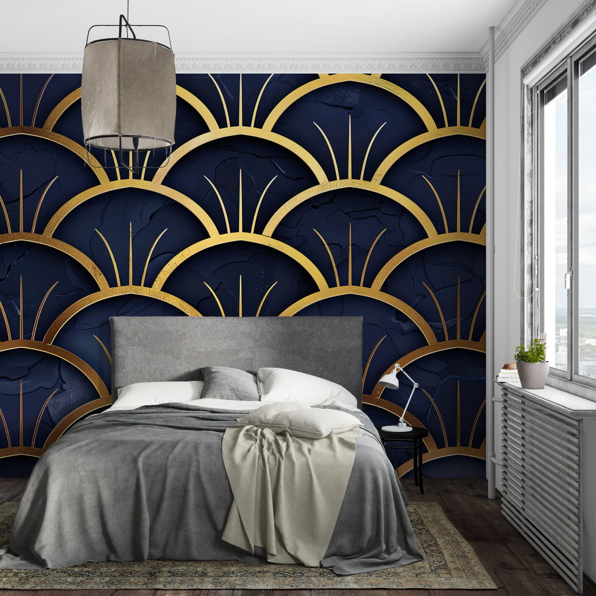 Art Deco fan wallpaper creating elegant atmosphere in cocktail lounge