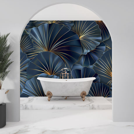 Art deco fan pattern wallpaper in navy and gold creating drama in a modern living room