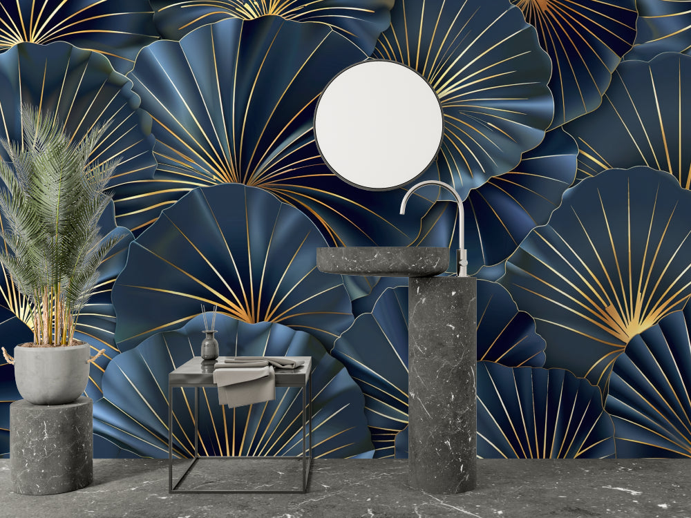 Navy and gold geometric wallpaper bringing elegance to a master bedroom