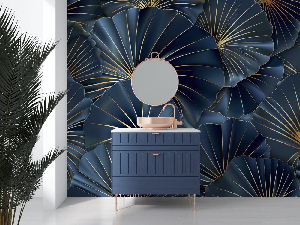 Navy blue and gold art deco pattern transforming a home office
