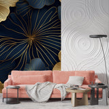 Art Deco navy and gold floral wallpaper creating drama in master bedroom