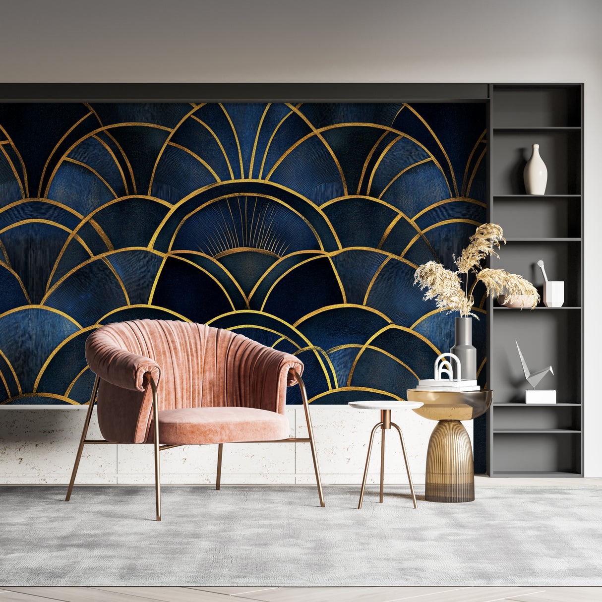 Navy and gold art deco wallpaper in master bedroom showing geometric fan pattern