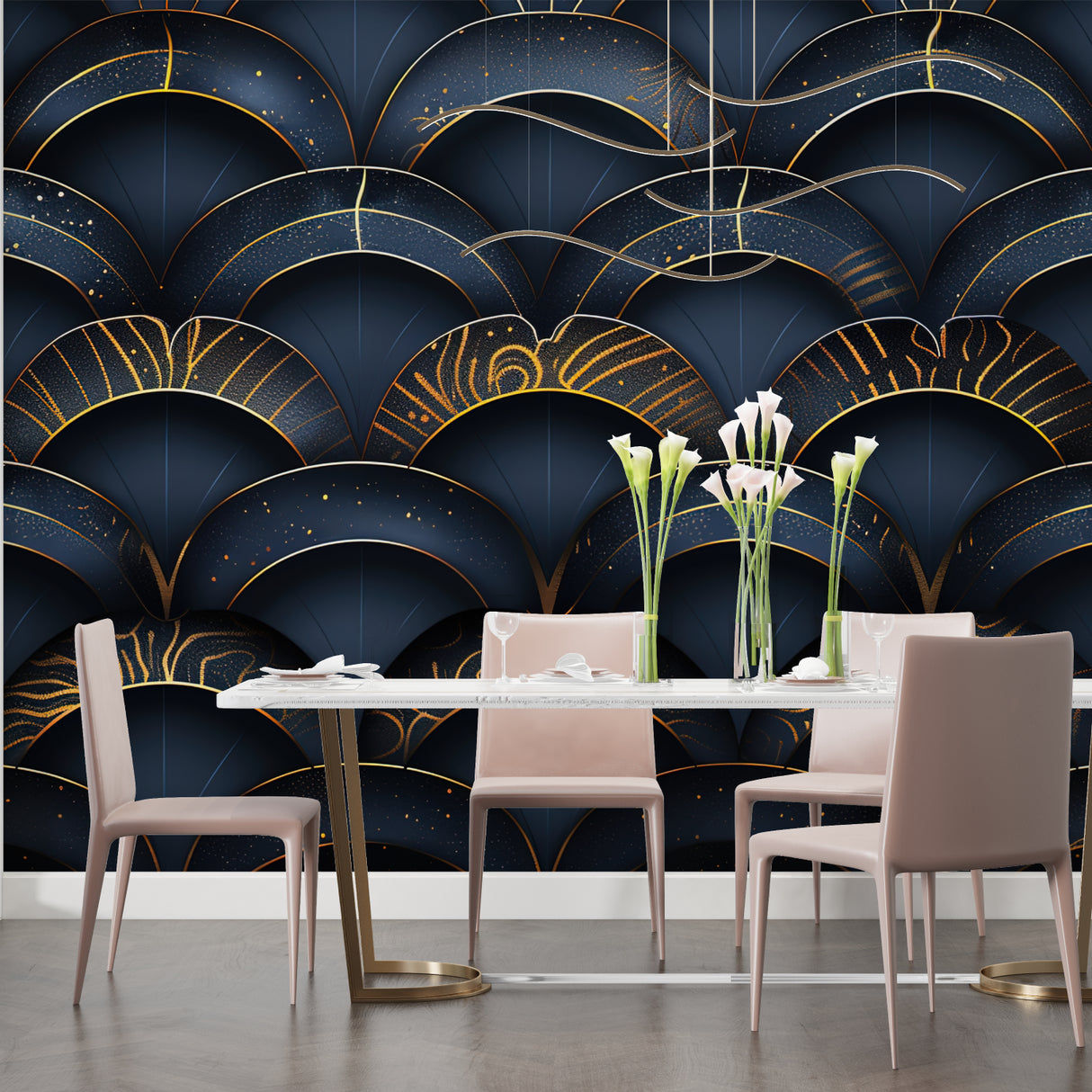 Geometric art deco pattern wallpaper adding luxury to master bedroom