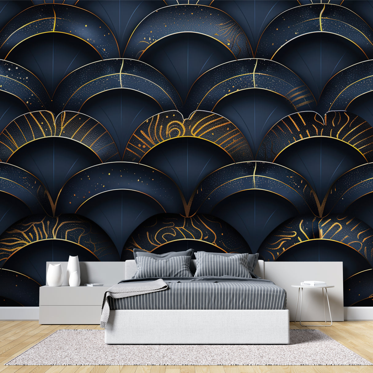Navy and gold geometric wallpaper making impact in home office