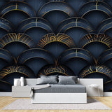 Navy and gold geometric wallpaper making impact in home office