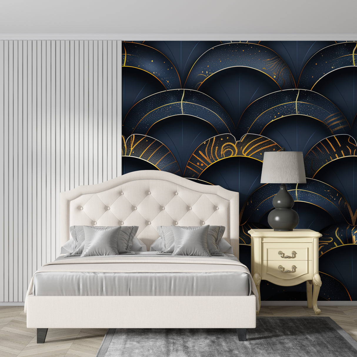 Navy Art Deco wallpaper in cocktail bar setting with gold accessories