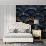 Navy Art Deco wallpaper in cocktail bar setting with gold accessories