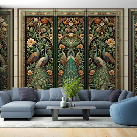 Peacock Art Deco wallpaper mural in a luxurious dining room with crystal chandelier and emerald accents
