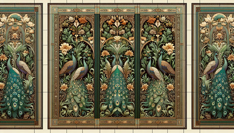 Art Deco peacock garden triptych design file with ornate botanical details and golden accents
