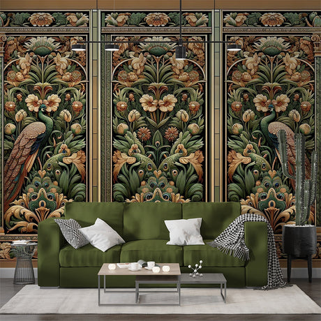Art Deco peacock wallpaper displayed in an elegant dining room, showing rich green and gold patterns against a beige wall