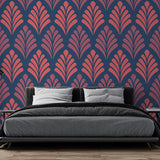 Art deco fan pattern wallpaper in pink and navy creating an elegant backdrop in a modern living room setting