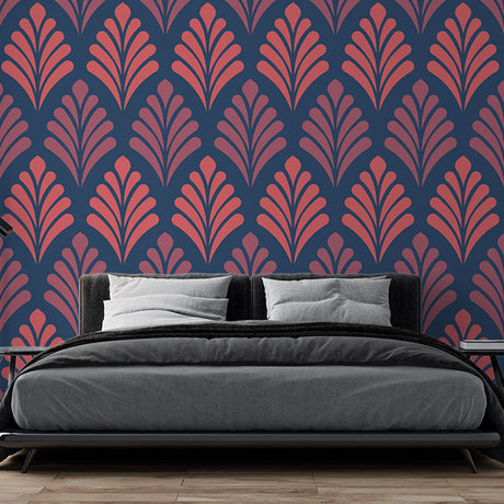 Art deco fan pattern wallpaper in pink and navy creating an elegant backdrop in a modern living room setting