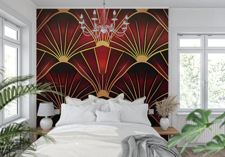Art deco fan pattern wallpaper in red and gold creating drama in a modern living room with high ceilings