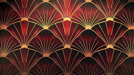 Art deco fan pattern design file showing intricate red and gold geometric details
