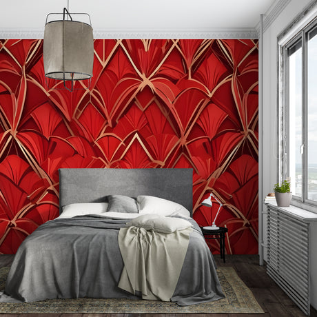 Art deco red and gold fan pattern wallpaper in modern living room showing geometric luxury design
