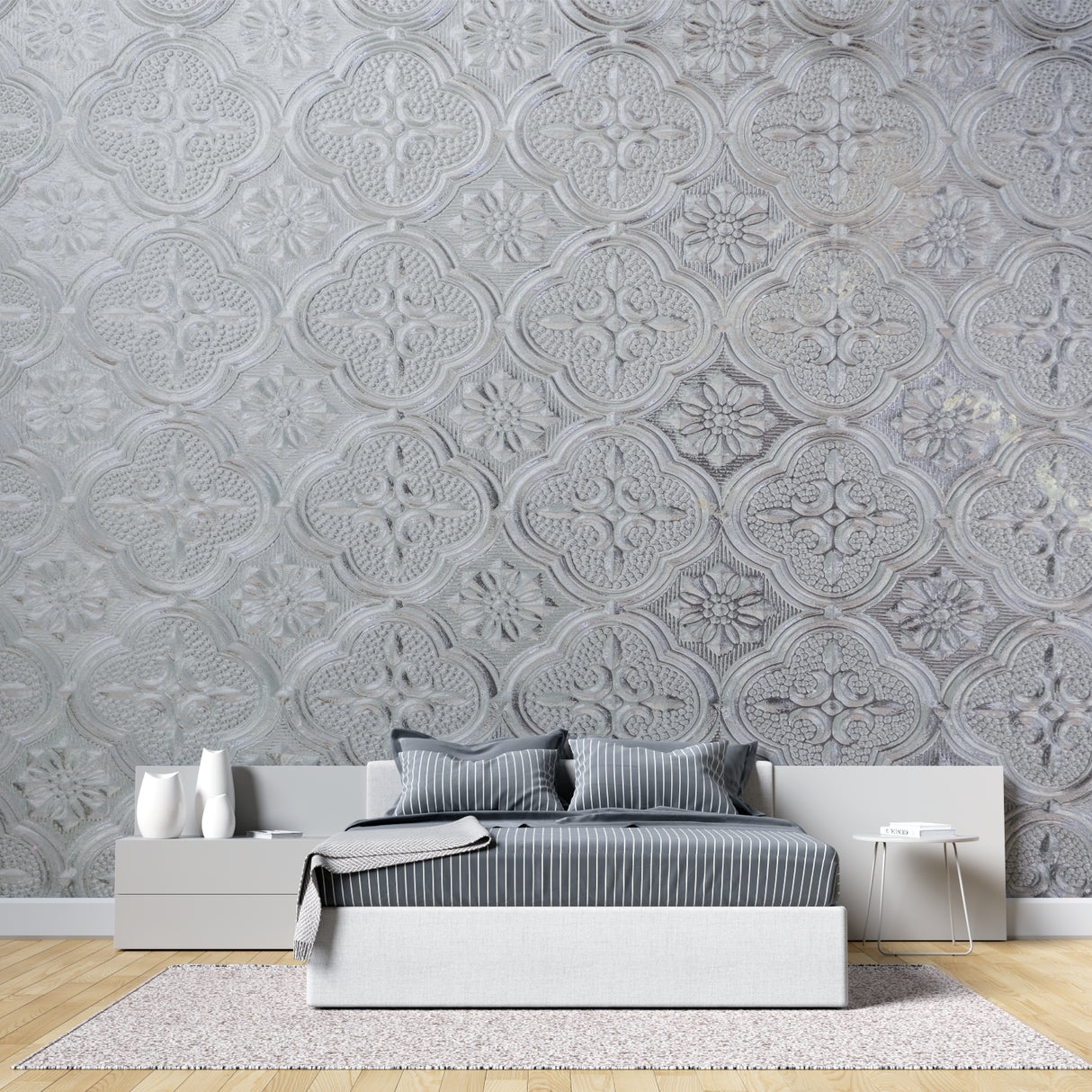 Silver Art Deco Wallpaper creating elegant atmosphere in modern living room setting