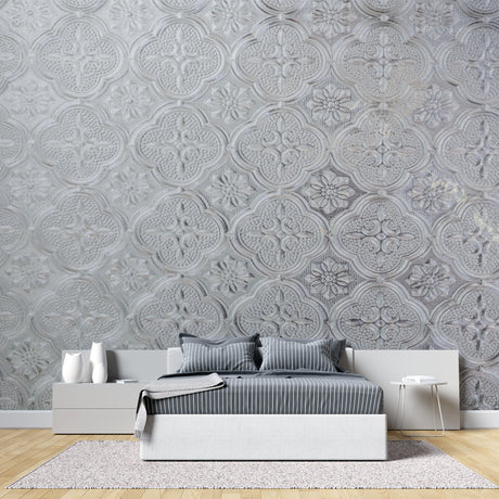 Silver Art Deco Wallpaper creating elegant atmosphere in modern living room setting