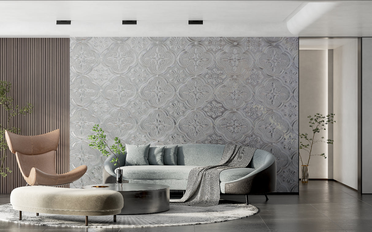 Luxurious Art Deco Quatrefoil Pattern Wallpaper in master bedroom with soft lighting