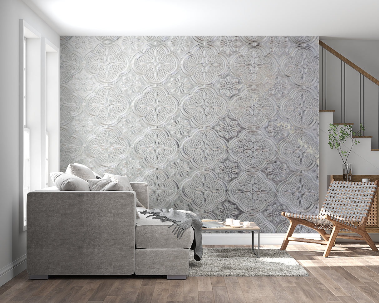 Geometric Silver Wallpaper adding sophistication to dining room feature wall