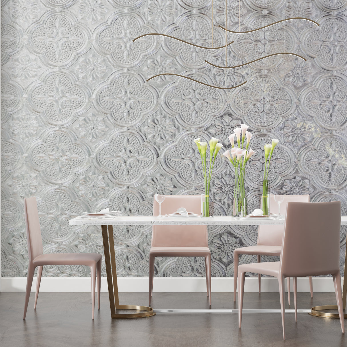 Silver Quatrefoil Wallpaper bringing elegance to hotel-style entryway