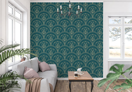 Art deco wallpaper in teal and gold creating drama in a modern living room with white furniture