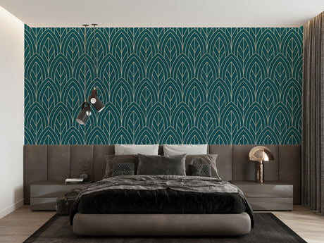 Art deco geometric wallpaper in modern dining room with gold and teal pattern creating elegant atmosphere