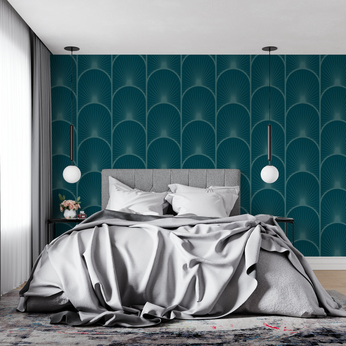Teal geometric art deco wallpaper creating drama in a luxurious dining room
