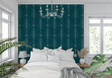 Geometric fan pattern wallpaper in teal transforming home office space