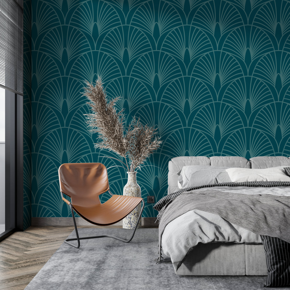 Home office space with teal geometric art deco wallpaper and minimalist desk setup