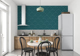 Teal art deco wallpaper with geometric arches creating elegant flow in modern living room