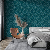 Art deco teal wallpaper making statement in dining room setting