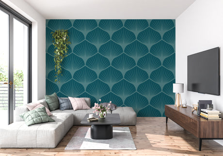 Art deco wallpaper in modern living room showing teal ginkgo fan pattern creating depth and dimension