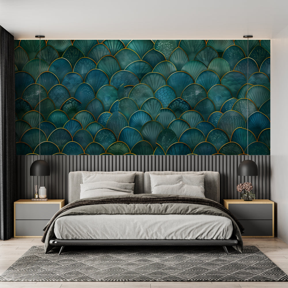Art deco teal and gold scale wallpaper in modern living room with grey sofa and brass accents
