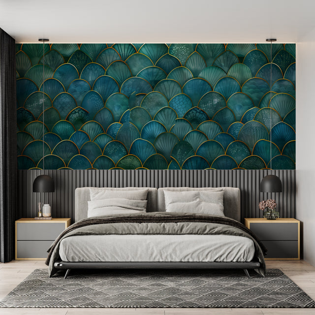 Art deco teal and gold scale wallpaper in modern living room with grey sofa and brass accents