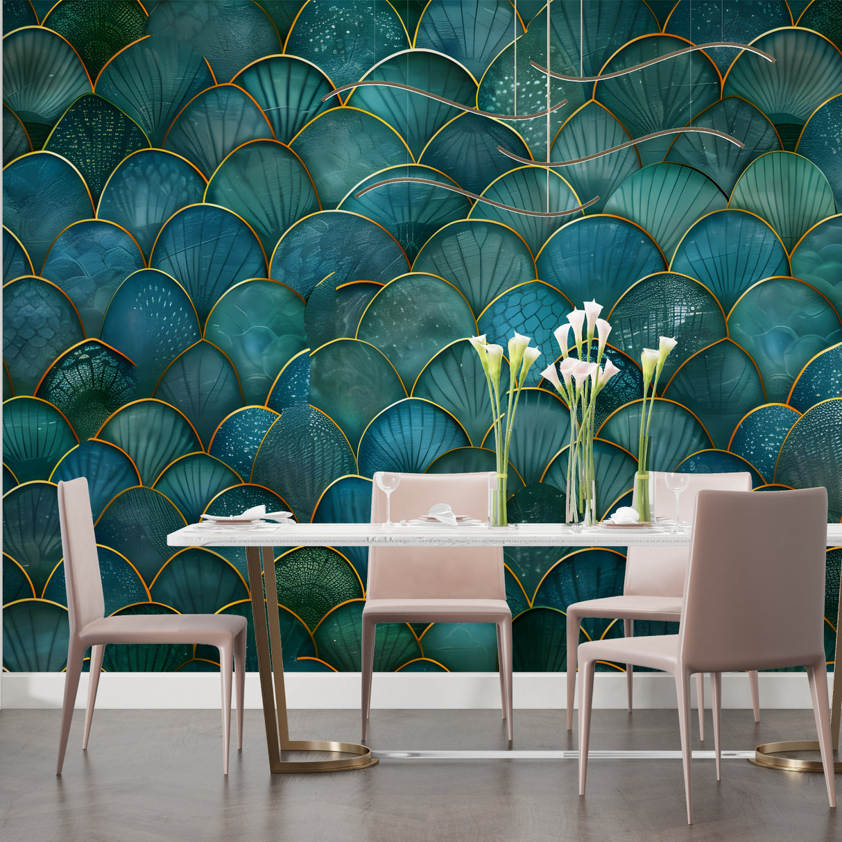 Art deco scale pattern wallpaper in dining room with crystal chandelier