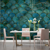 Art deco scale pattern wallpaper in dining room with crystal chandelier