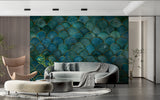 Geometric art deco wallpaper feature wall in home office with gold desk