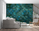 Teal and gold wallpaper in powder room with modern fixtures