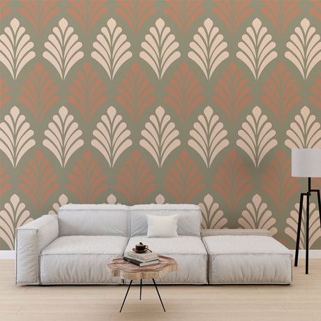 Art deco fan pattern wallpaper in terracotta creating a cozy atmosphere in a modern dining room with pendant lighting